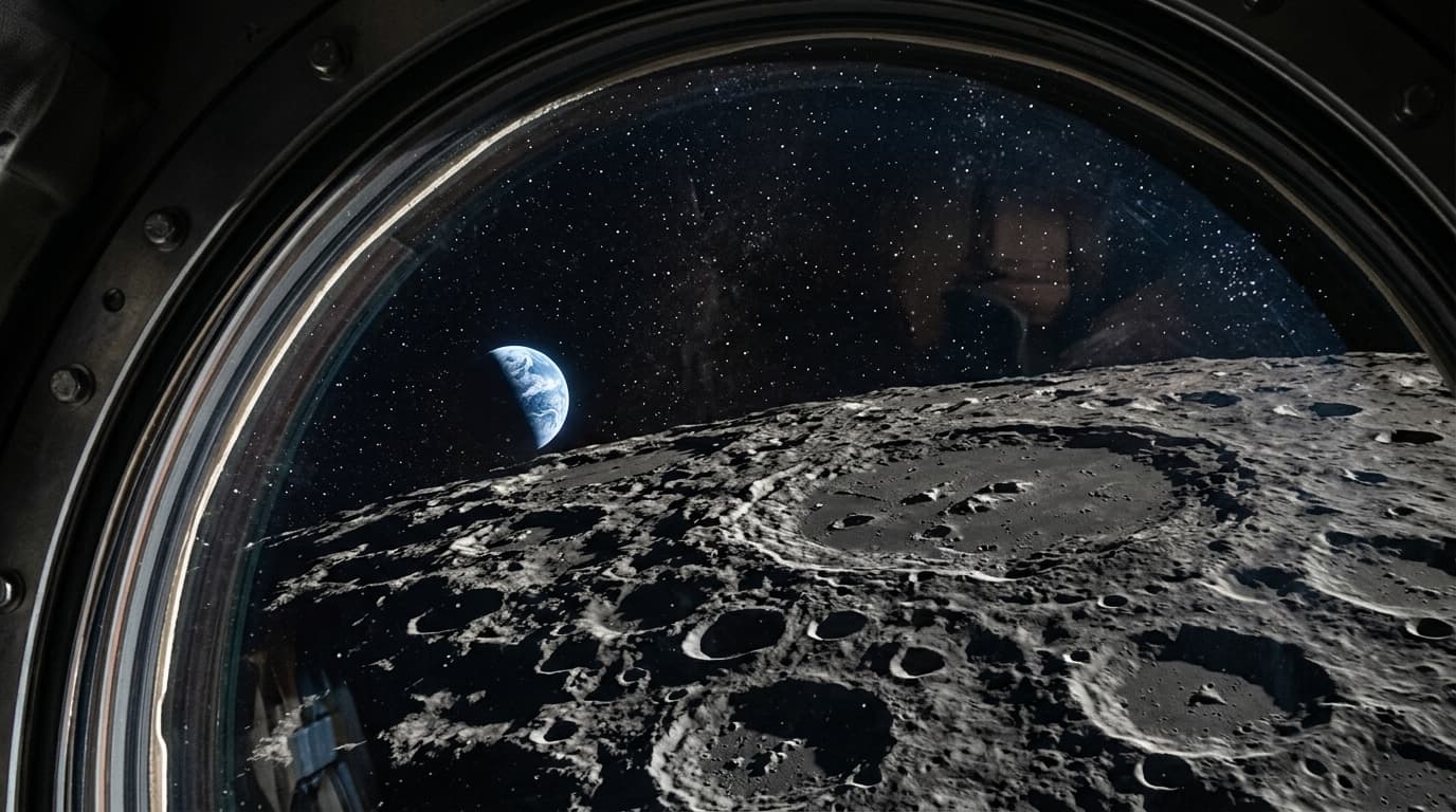 A realistic, high-definition photograph of the moon's far side with a small, crescent-shaped Earth s