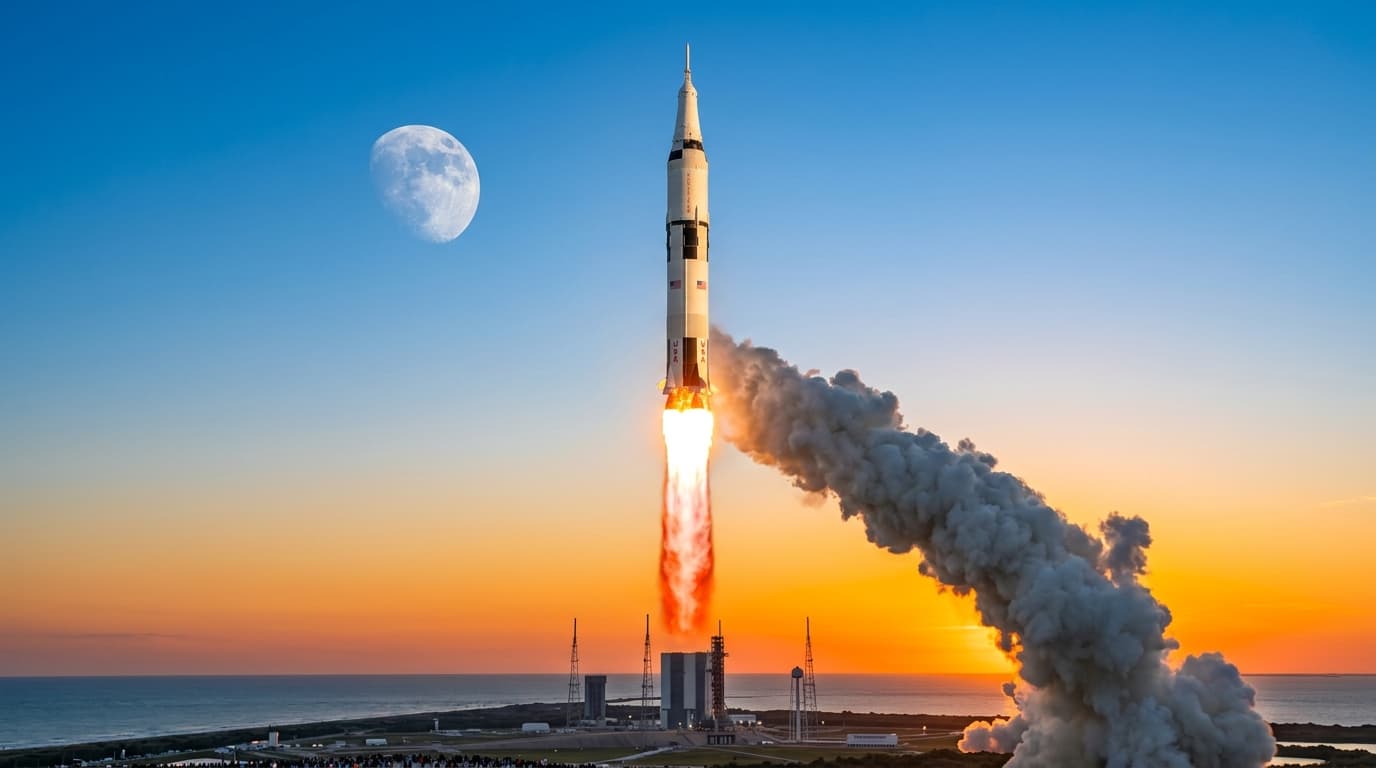 A cinematic shot of a massive white NASA rocket launching into a bright blue and orange sky, leaving
