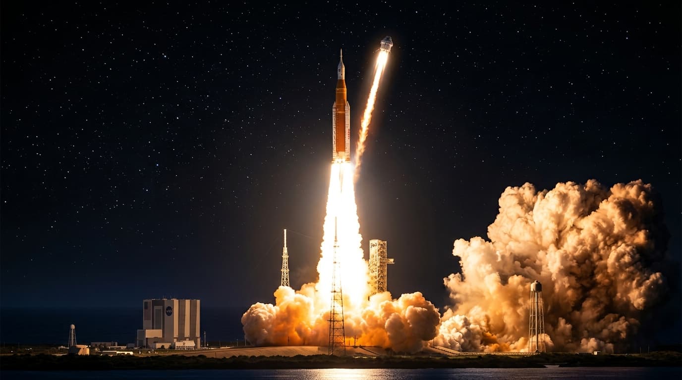 A cinematic, wide shot of the Artemis II mission rocket launching into the night sky, with a bright