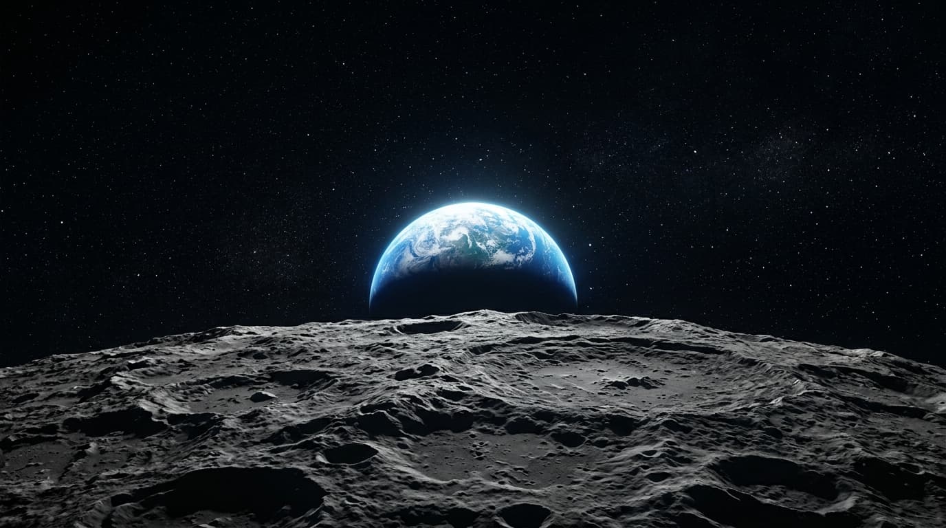 A breathtaking cinematic shot from space showing the crescent Earth sinking below the jagged, gray h