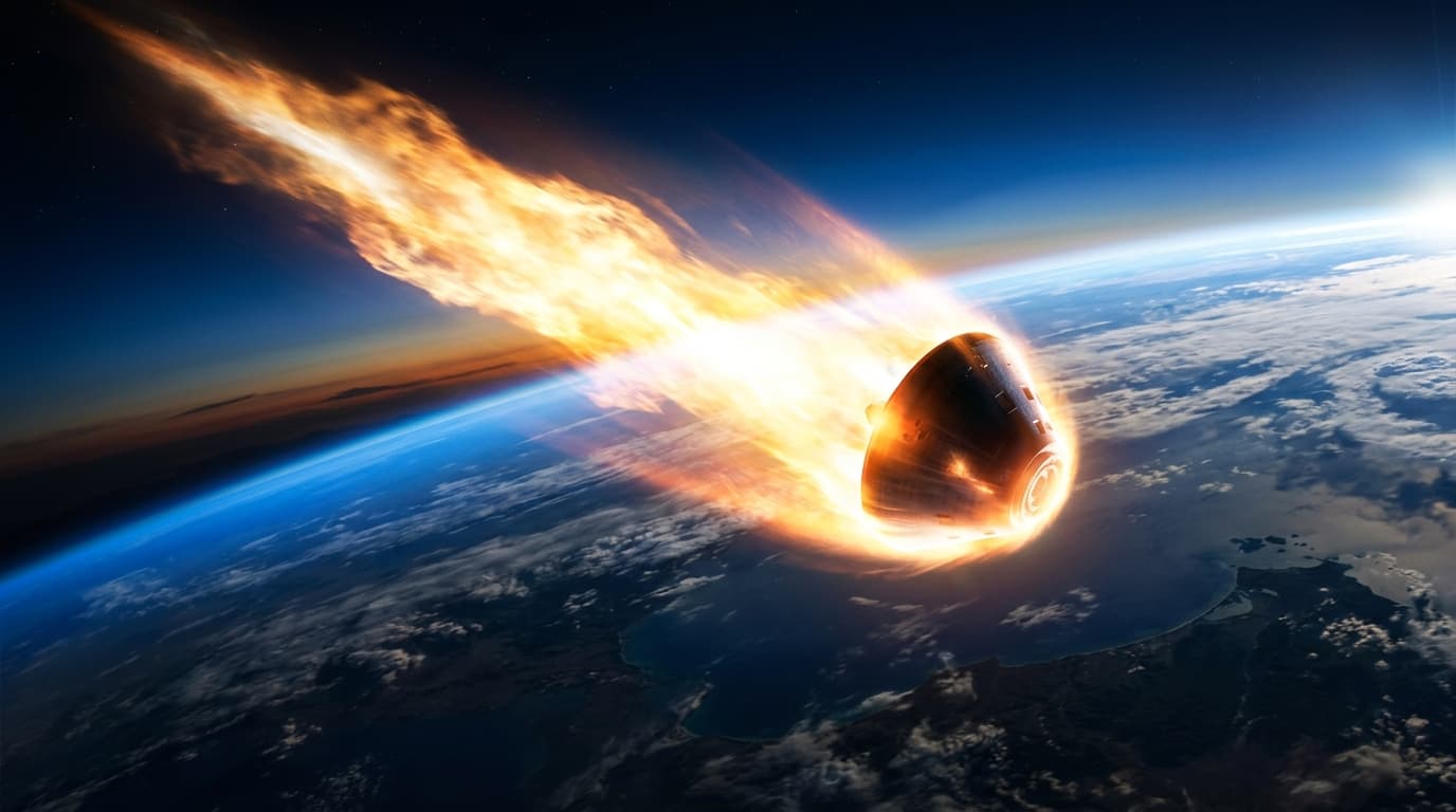 A majestic cinematic shot of the Orion spacecraft glowing as it enters Earth's atmosphere, trailing