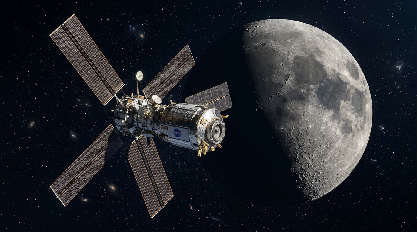 A NASA spacecraft floating in deep space with the moon in the background, realistic lighting, highly