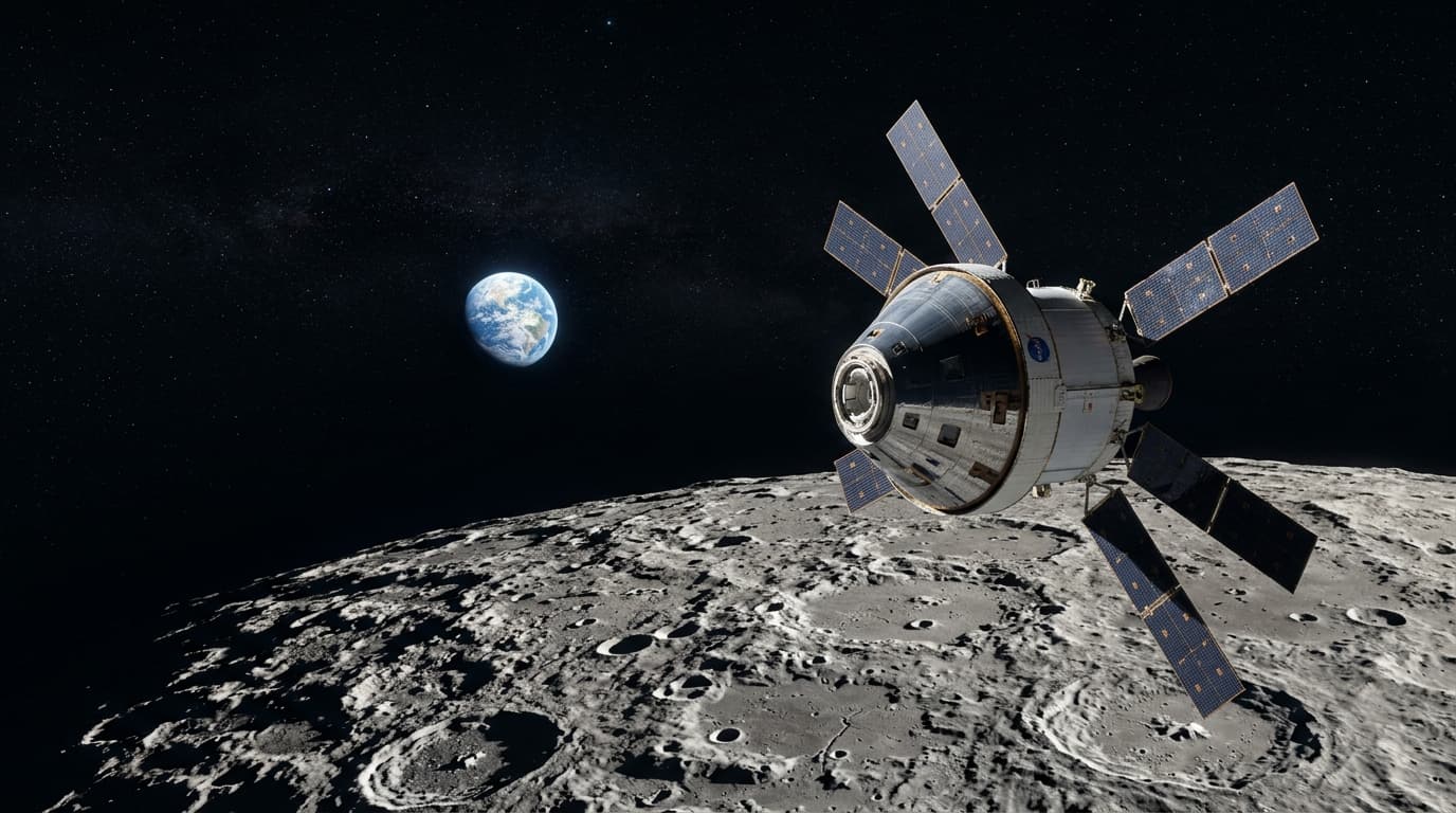 A view of the Orion spacecraft orbiting the Moon, with the blue Earth visible as a small, bright mar