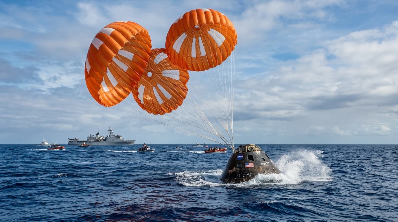 A cinematic shot of the Orion spacecraft splashing down in the blue Pacific Ocean with orange parach