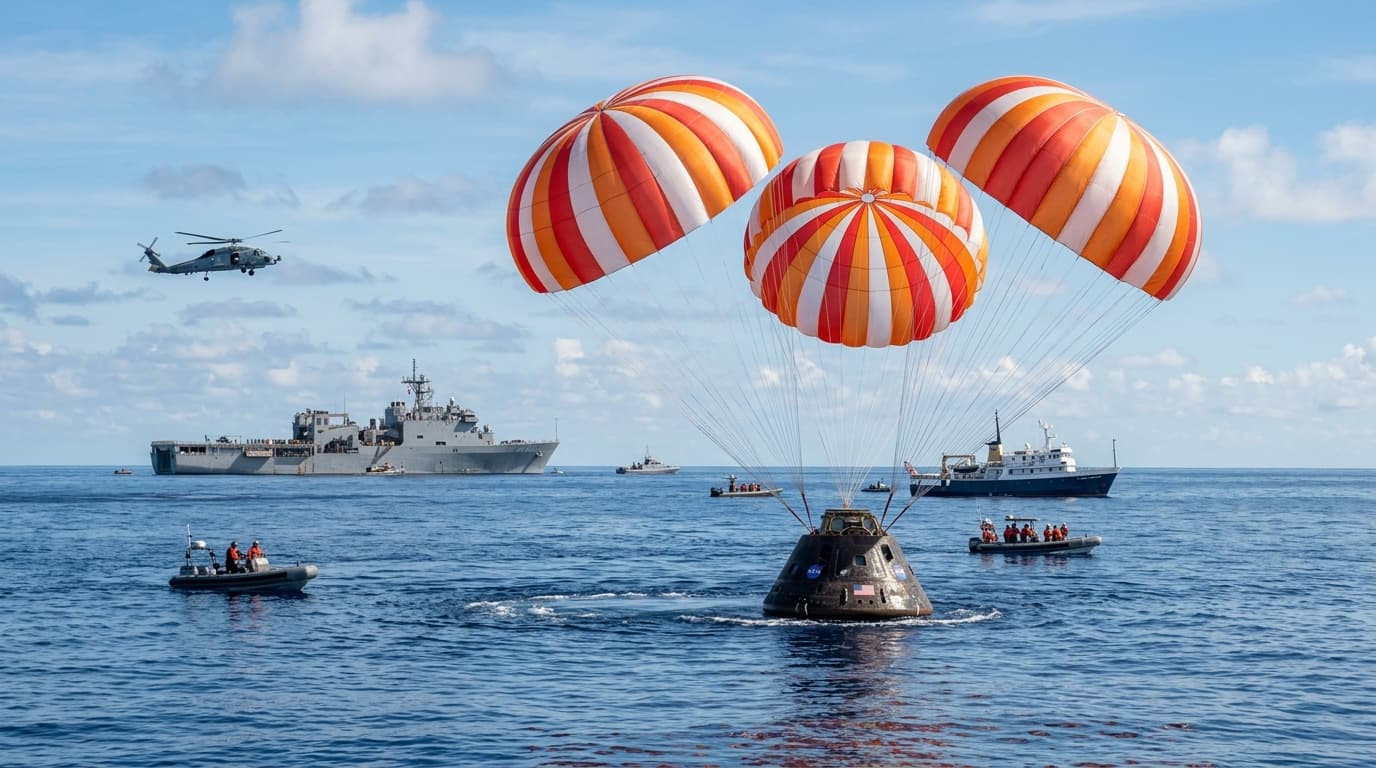 An iconic image of the NASA Orion spacecraft capsule splashing down into the Pacific Ocean, with col