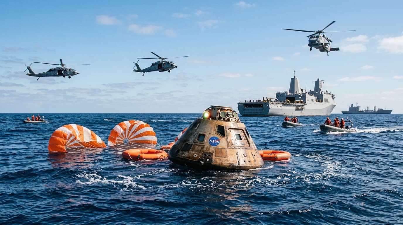 A realistic photo of the Orion spacecraft command module floating in the Pacific Ocean after splashd