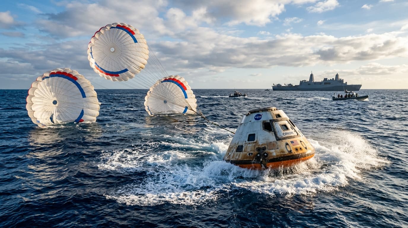 A cinematic photograph of the NASA Orion spacecraft capsule splashing down in the blue Pacific Ocean