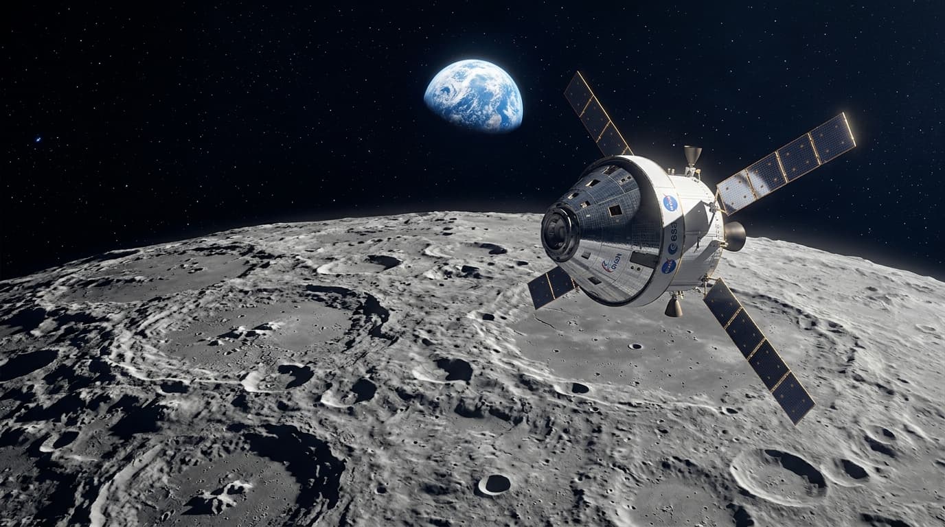 A cinematic shot of the Orion spacecraft orbiting the Moon, with the curvature of the lunar surface