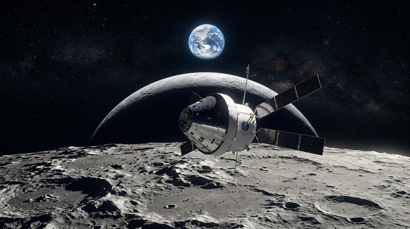A cinematic, wide-angle view of the Orion spacecraft floating in deep space with the moon's surface