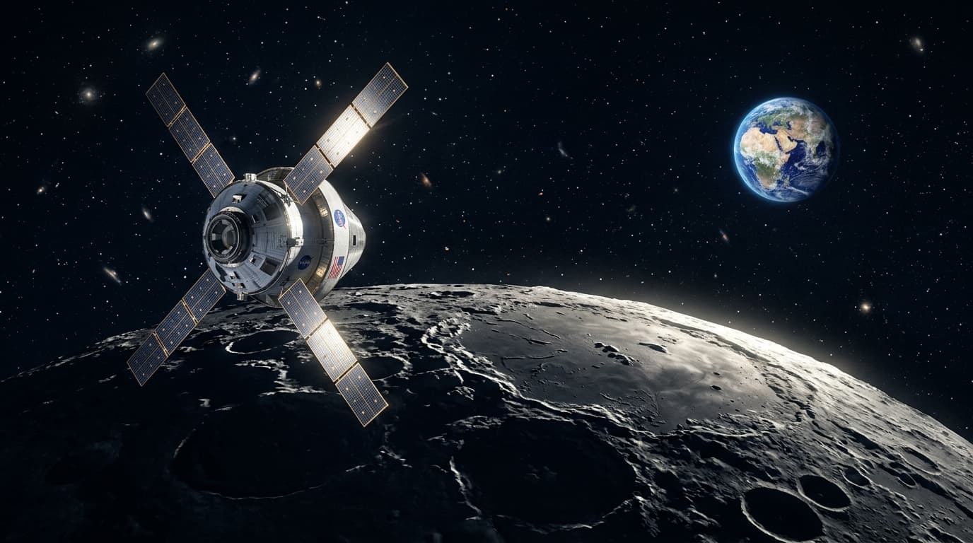 The Orion spacecraft orbiting the Moon, high-contrast space photography, dramatic lighting from the