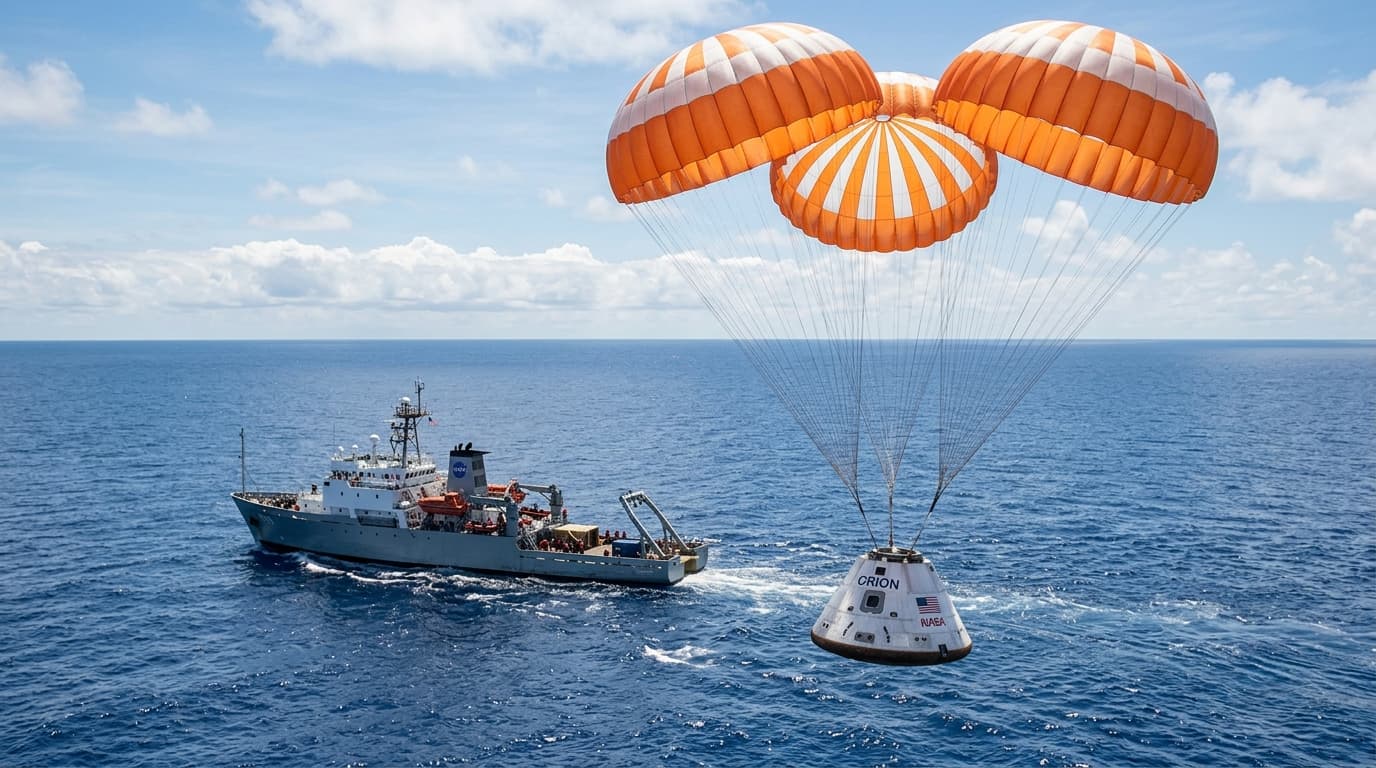 An iconic image of the Orion spacecraft capsule with parachutes deploying, descending towards the Pa