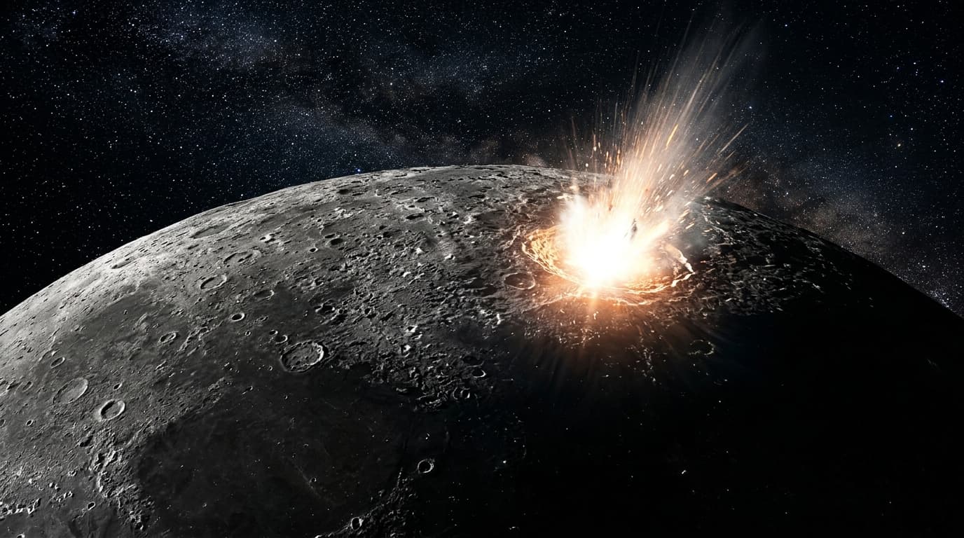 A close-up view of the Moon's surface from space, with a bright flash representing a meteorite impac