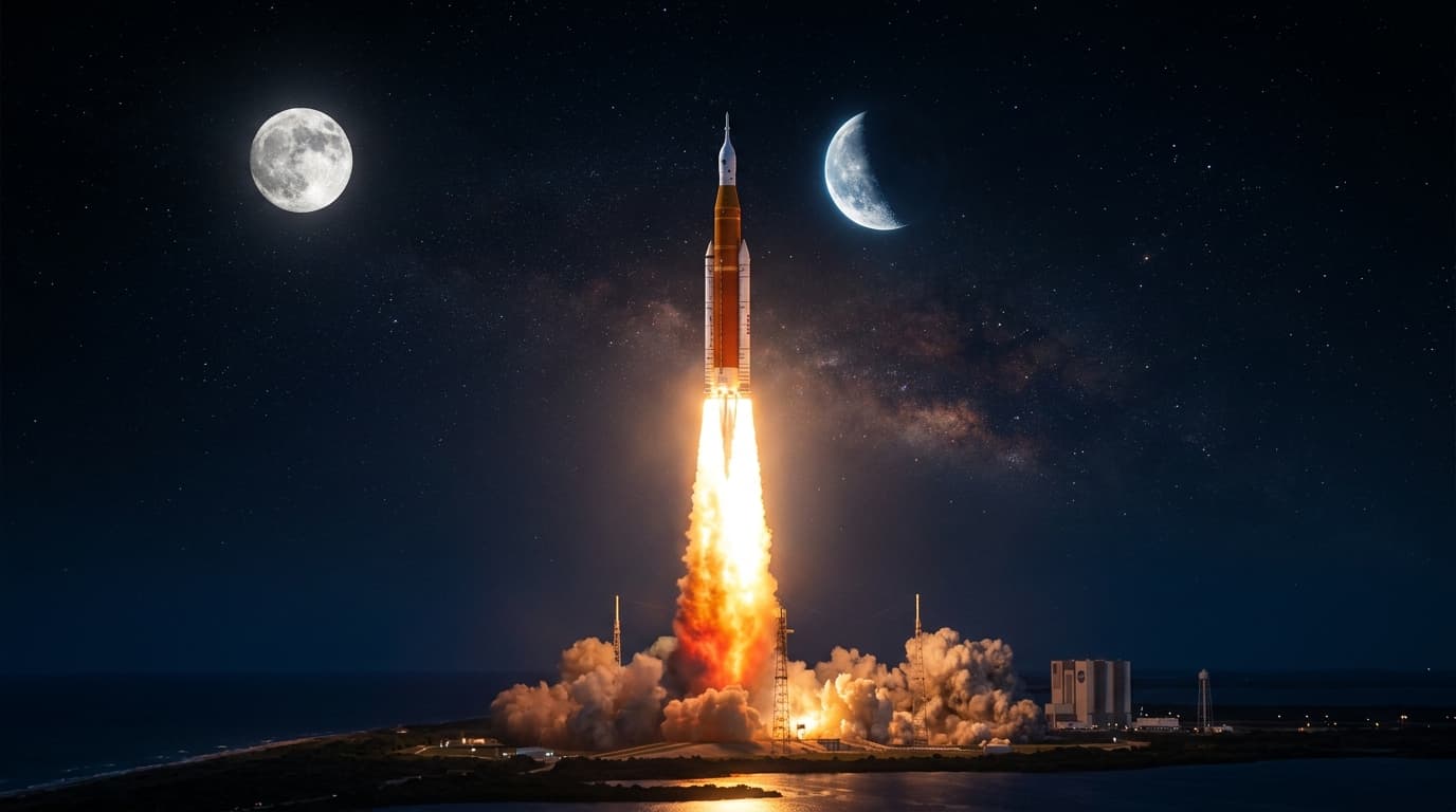 A majestic photograph of the Artemis II spacecraft launching into the night sky, with a visible fier