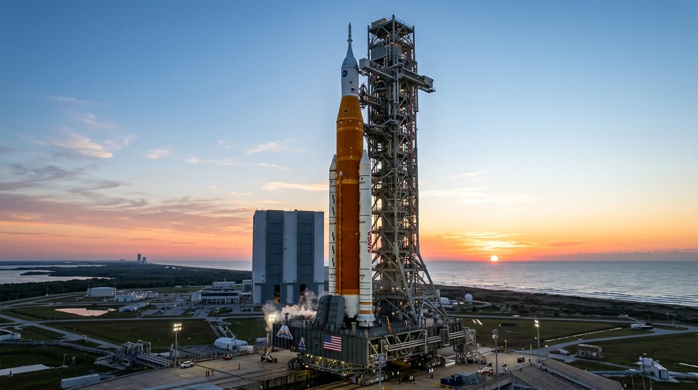 A majestic image of the NASA SLS rocket on the launchpad at sunrise, with a clear blue sky backgroun