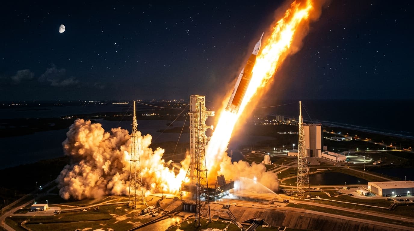 A cinematic, dramatic view of the NASA SLS rocket launching into the night sky, with a bright orange
