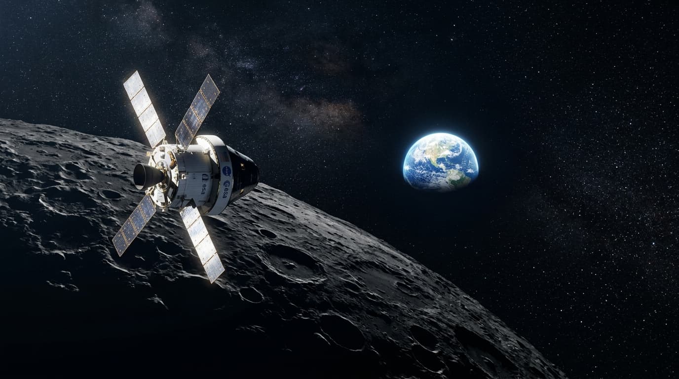 A cinematic shot of the Orion spacecraft orbiting behind the dark side of the moon, with the bright