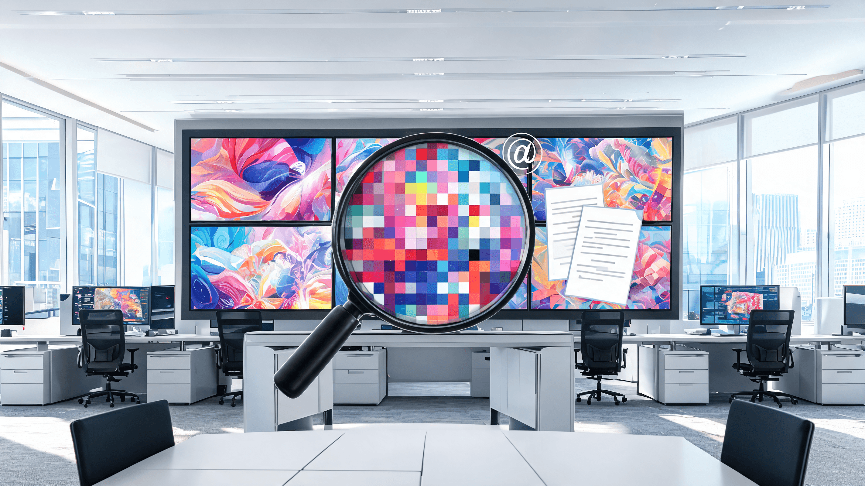 A modern office environment with digital screens displaying artwork, a magnifying glass focused on p