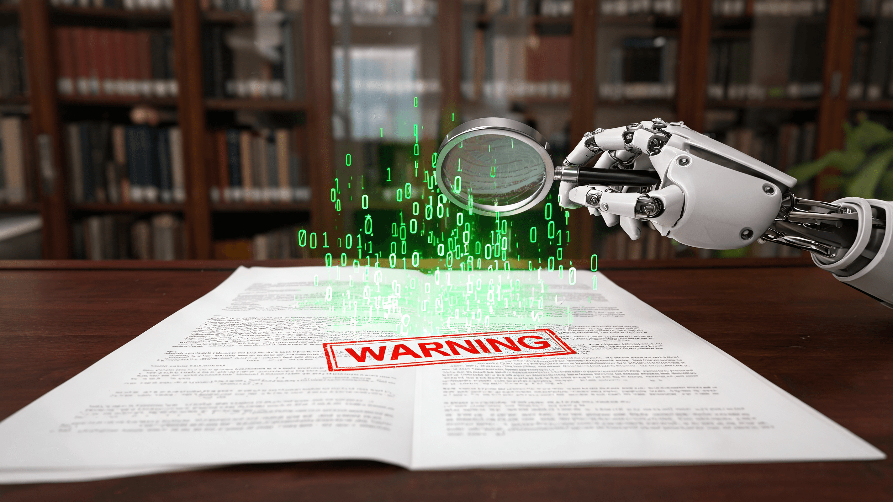 A conceptual image of an academic paper being scrutinized by a robotic hand with a magnifying glass,