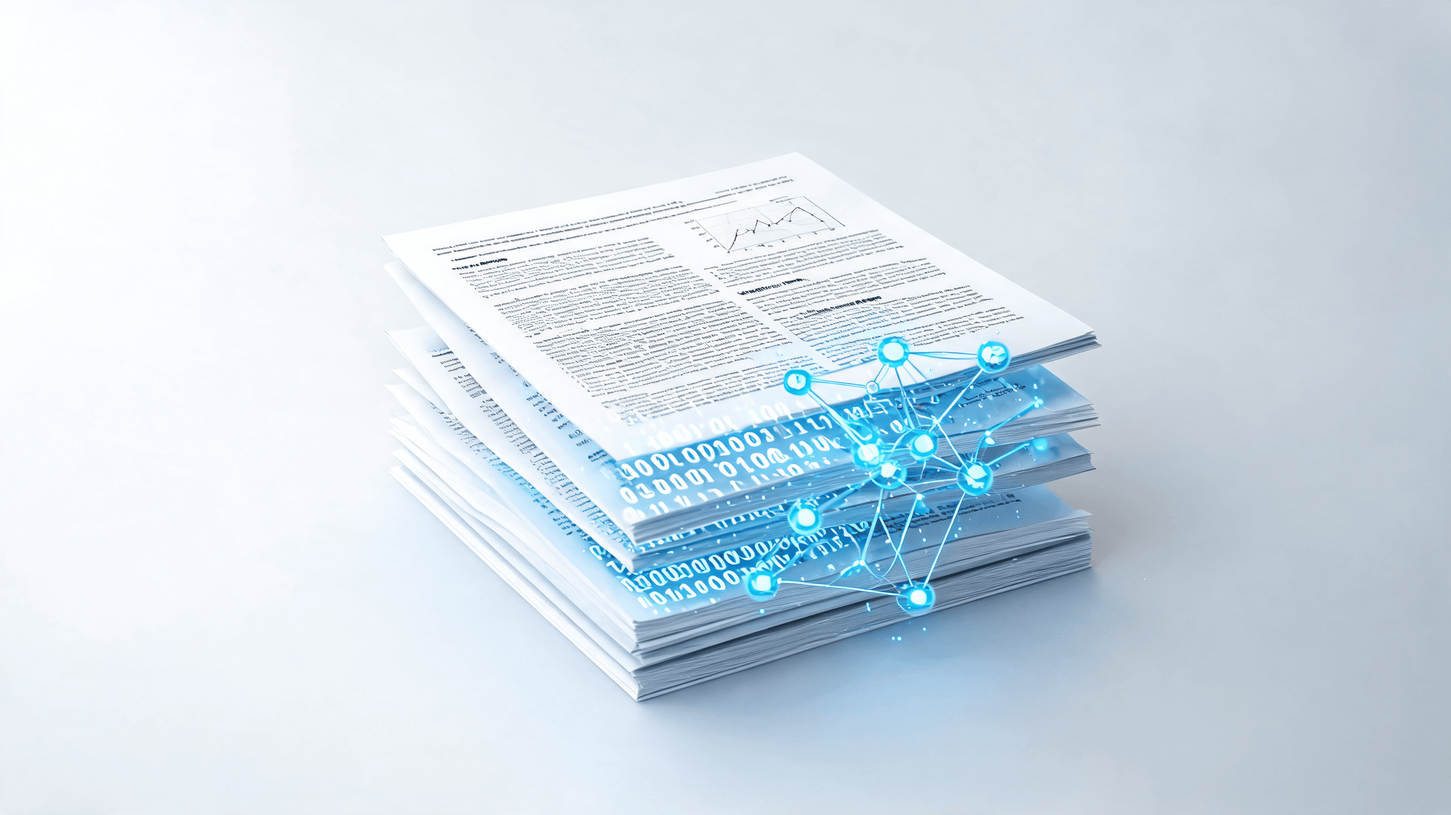 An artistic representation of a stack of academic research papers, with some papers being partially