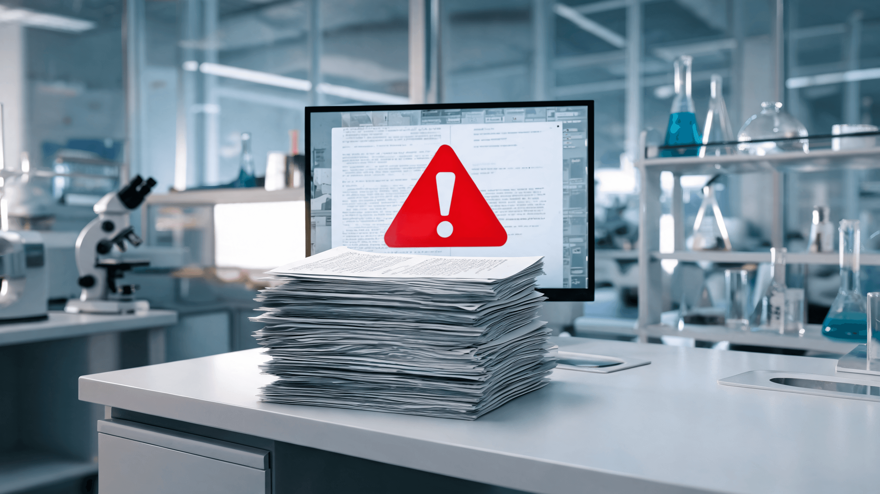 A modern scientific lab environment with a digital screen showing a 'Research integrity' warning ove