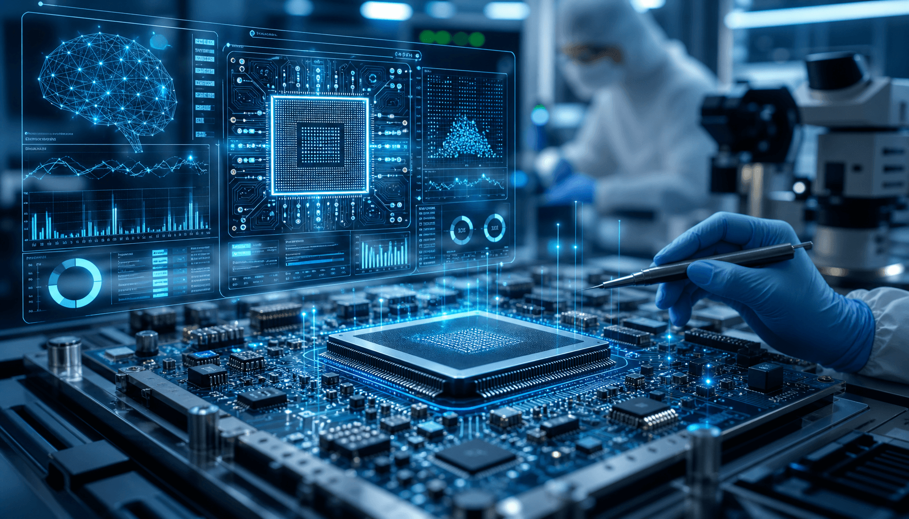 A futuristic semiconductor lab showing a close-up of a high-tech CPU circuit board with digital AI d