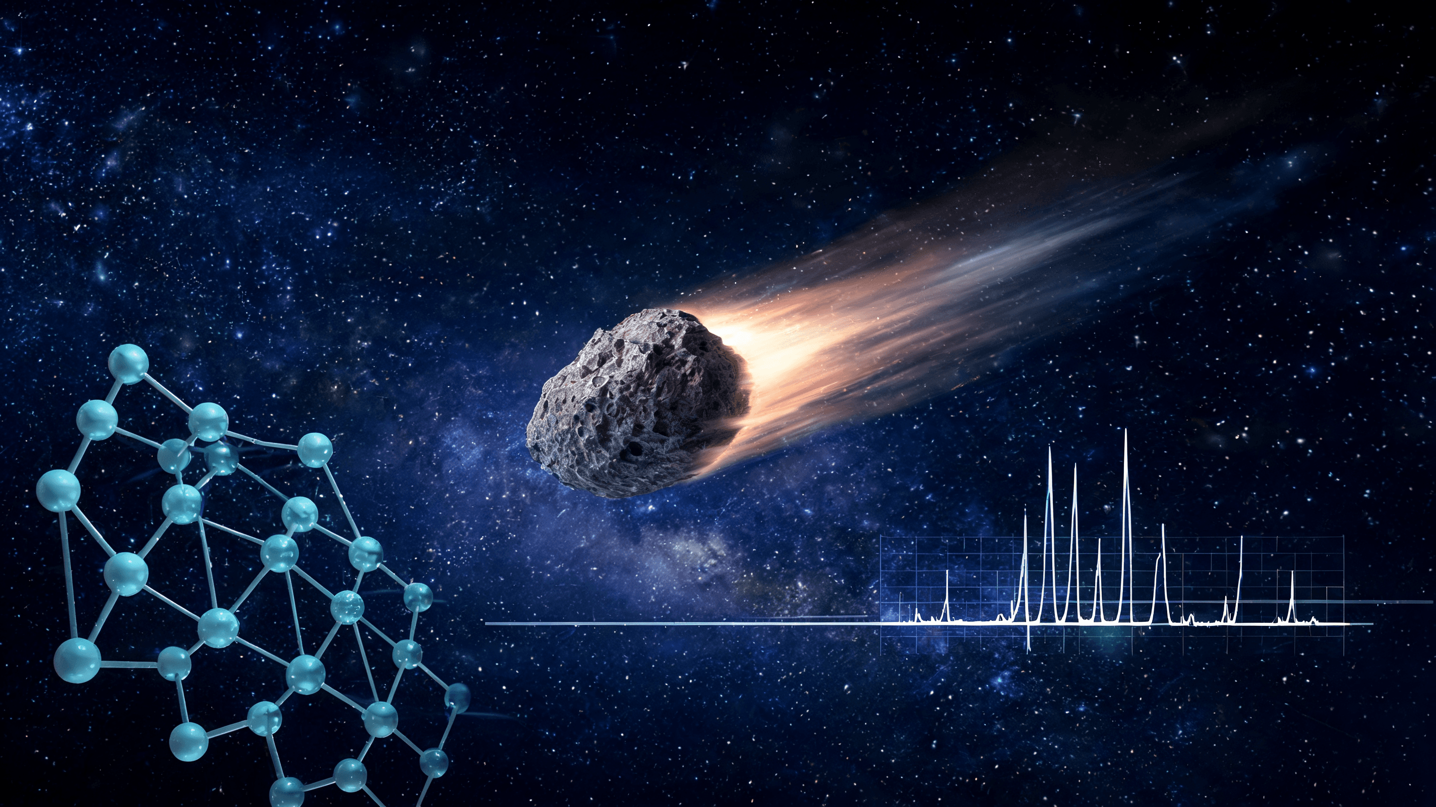 A cinematic depiction of an asteroid streaking through a starry, deep-space background. In the foreg