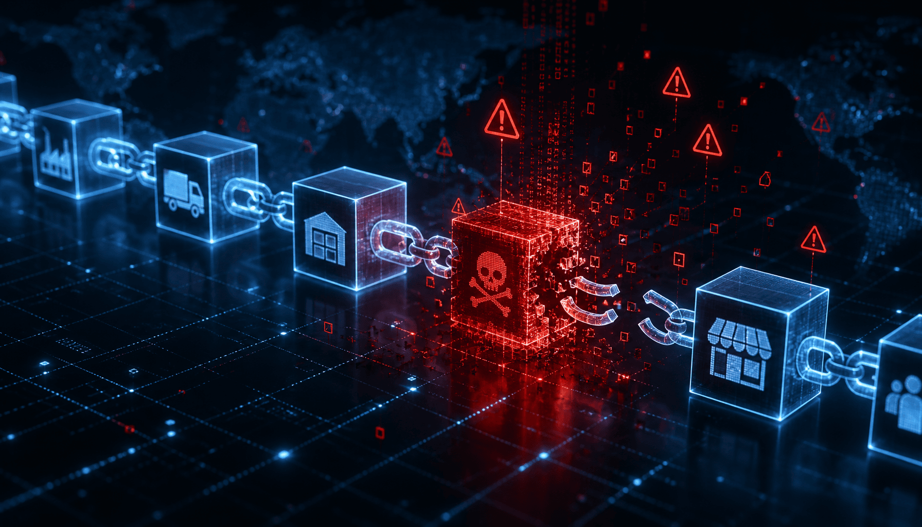 A conceptual illustration of a digital supply chain being broken by a malicious code injection, glow