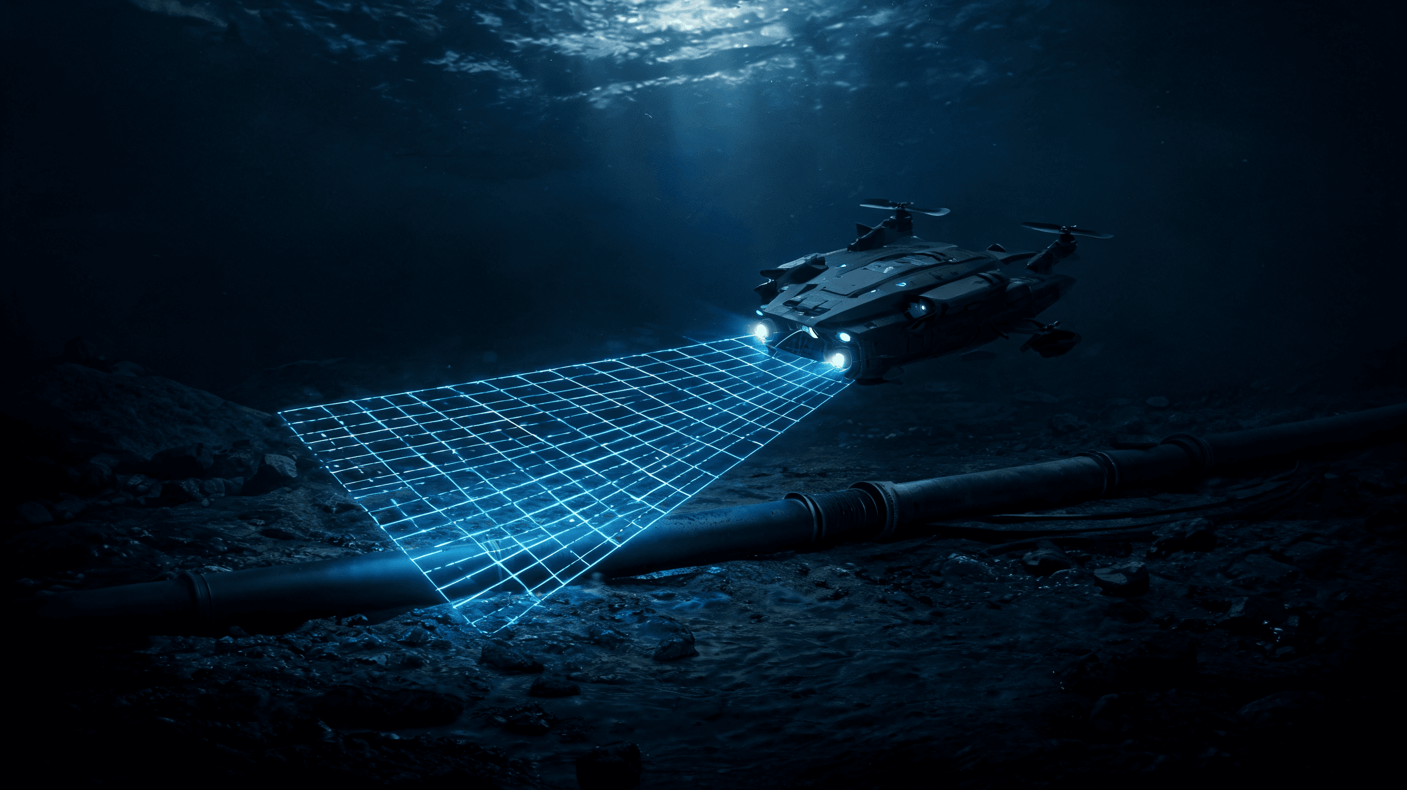A tactical conceptual image of an underwater drone scouting deep-sea communication cables, dark blue