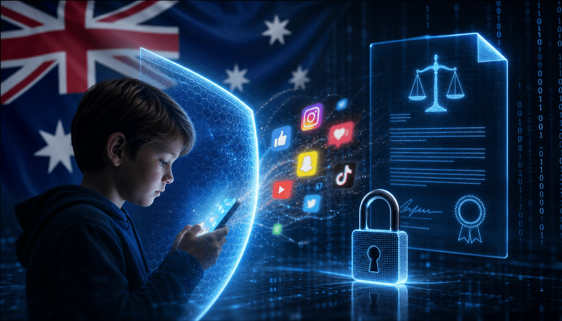 A digital shield protecting children from glowing smartphone icons, Australian flag in the backgroun