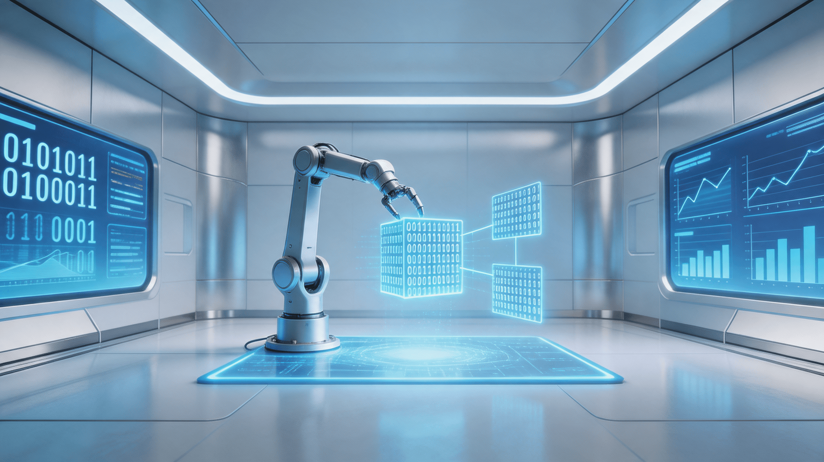 Futuristic laboratory room with glowing holographic screens showing data optimization, robot arm mov