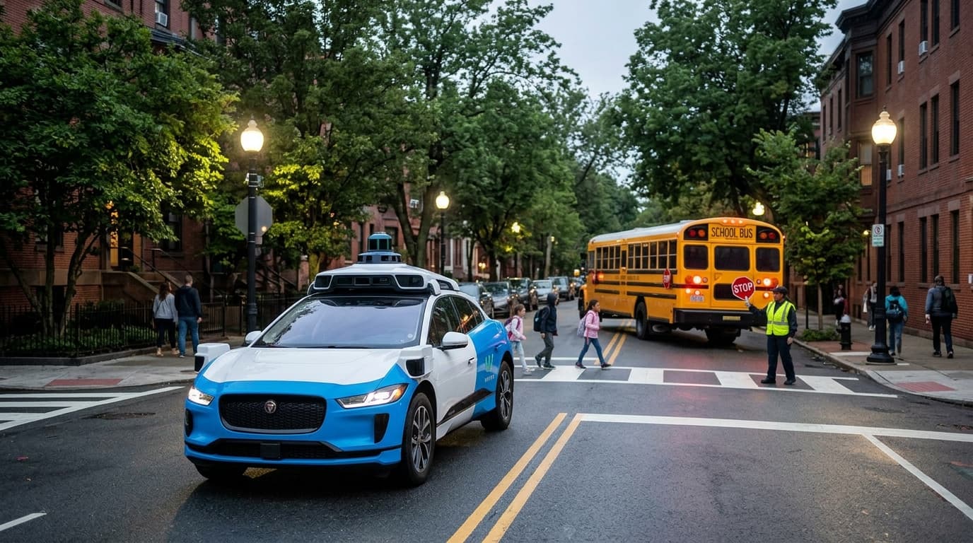 A modern autonomous vehicle (Waymo-style) navigating a school zone, a bright yellow school bus with