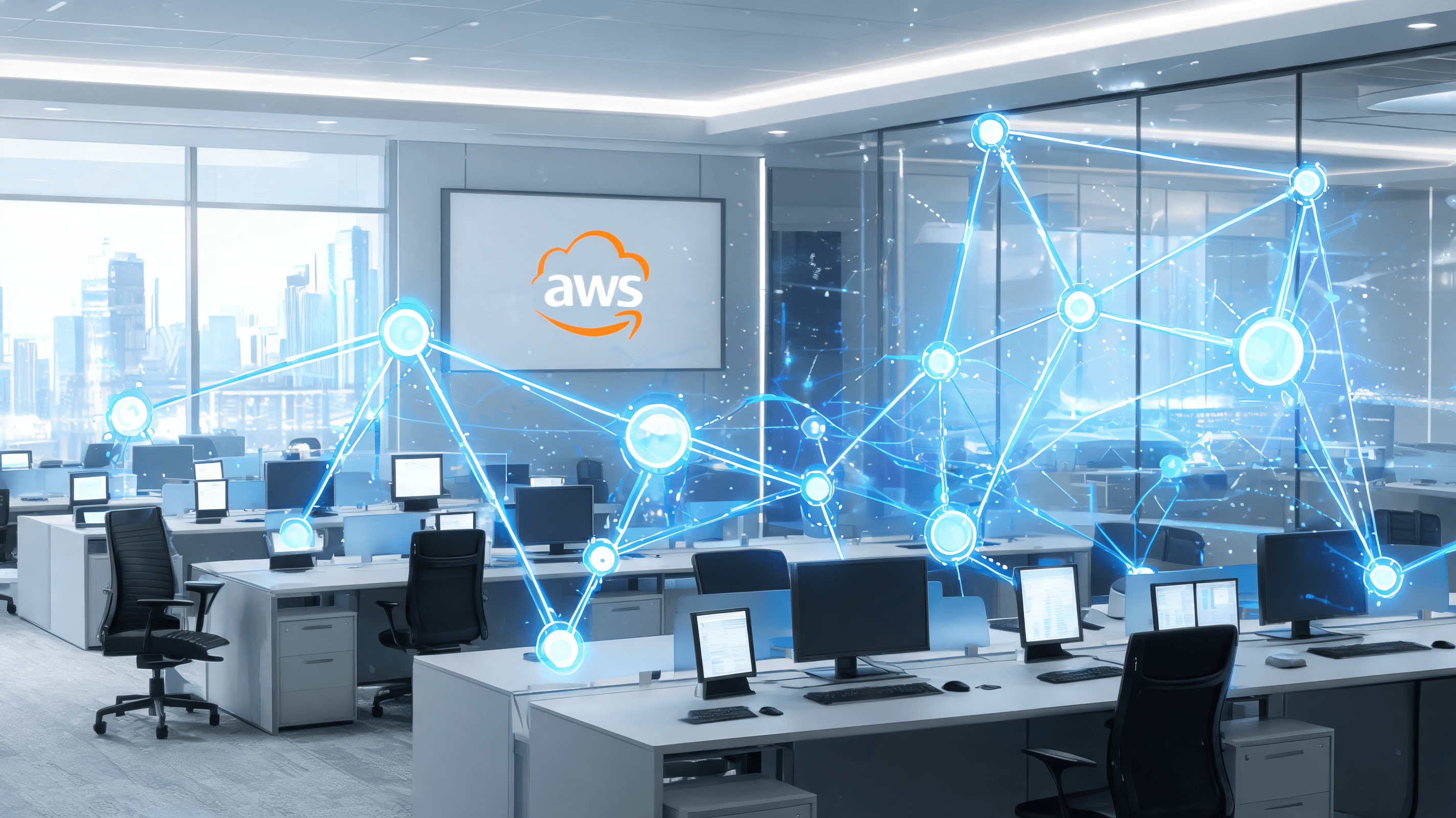 A modern, futuristic office environment showing a digital interface with complex, interconnected net