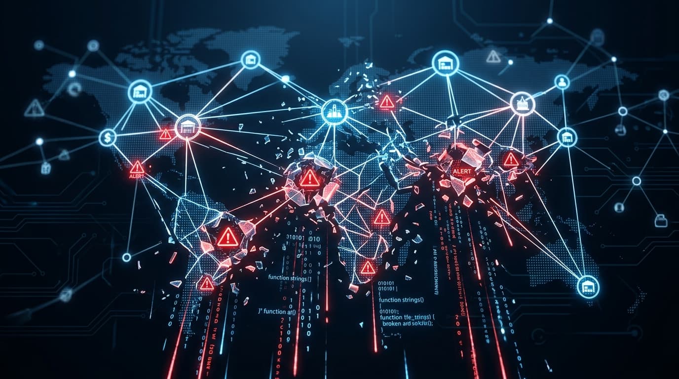 Abstract digital illustration of a supply chain network breaking, with lines of code fragments falli