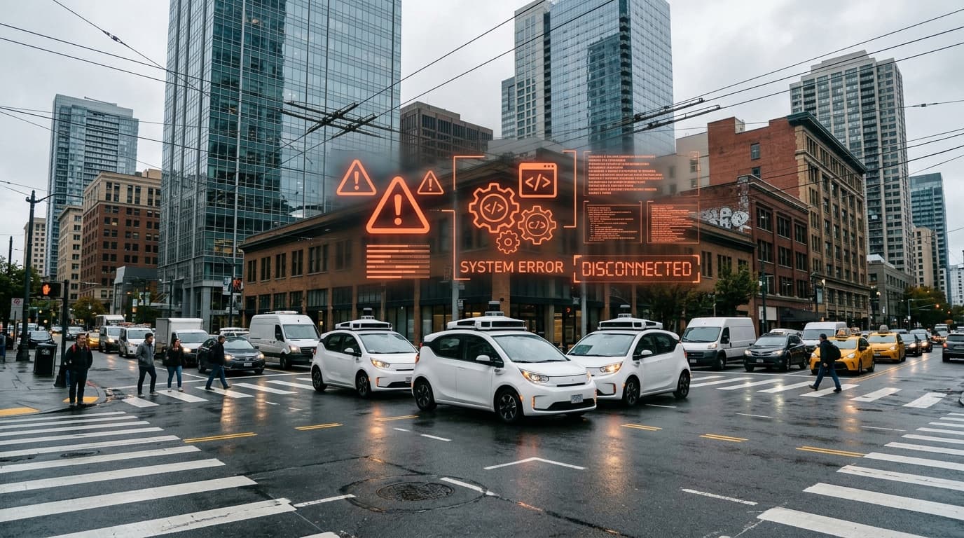 A street-level photo of multiple autonomous taxis stopped in the middle of a busy city intersection,