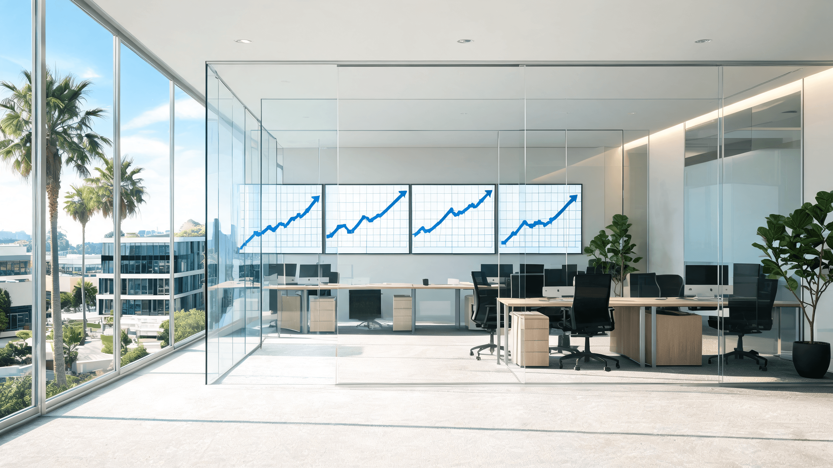 A modern, minimalist venture capital office in Silicon Valley, sleek glass partitions, digital chart
