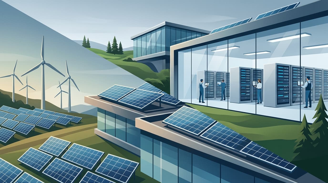 A modern data center facility in a natural landscape, conceptual art style, split view showing both