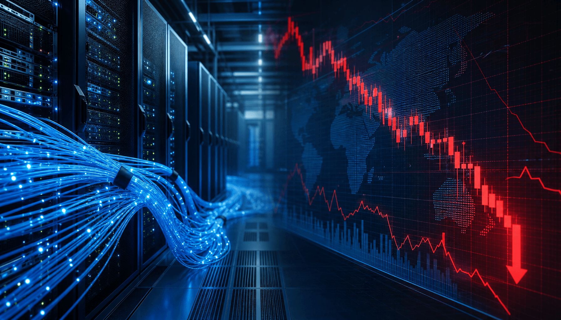 A modern data center interior with glowing blue fiber optic cables, transitioning into a financial s