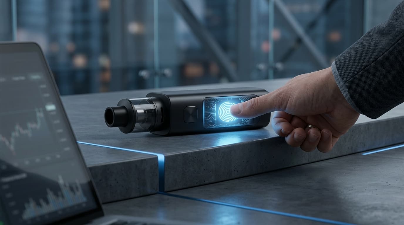 A modern vape device with a glowing biometric fingerprint scanner on the side, minimalist and dark b