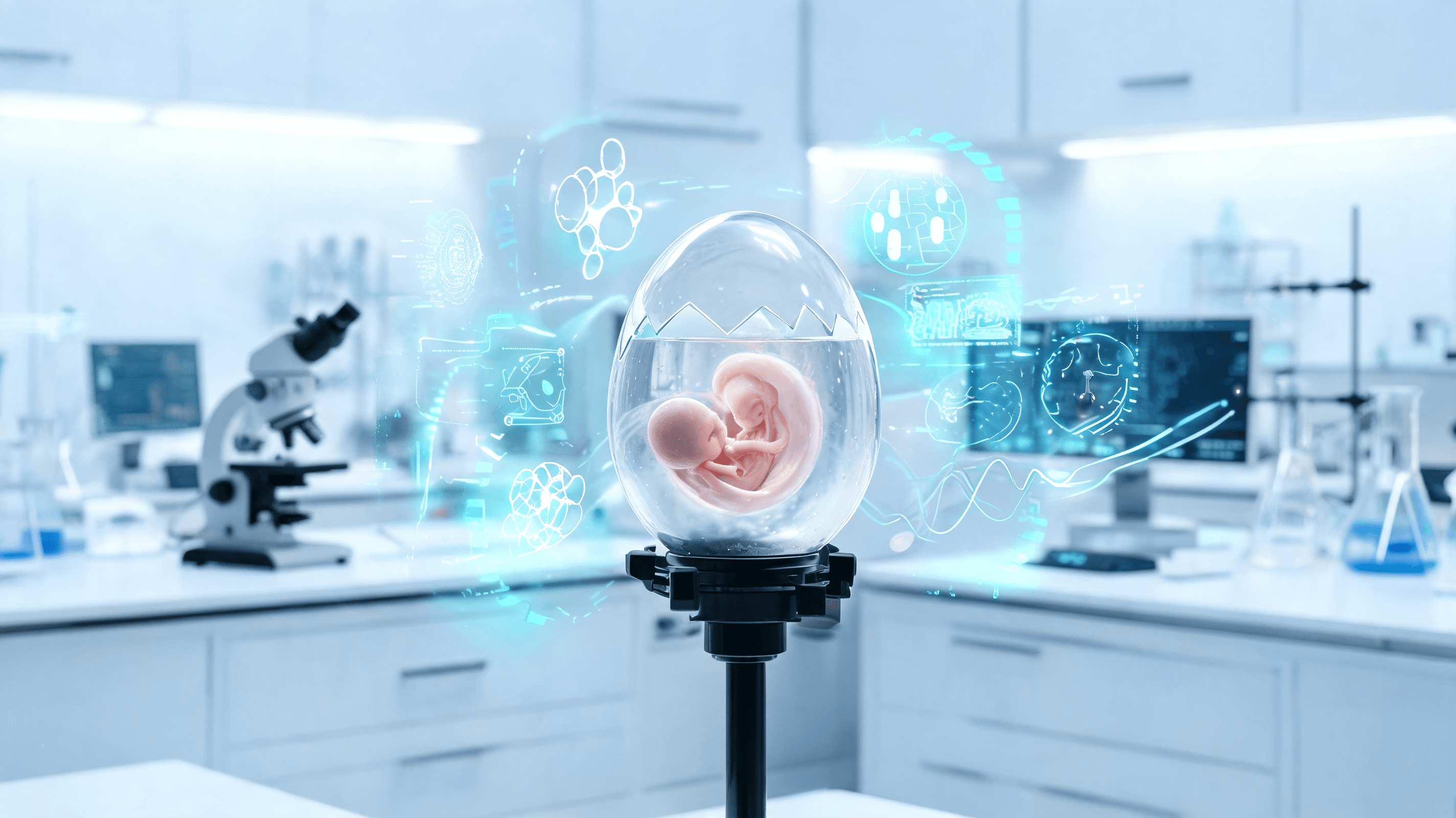 A modern, laboratory setting with a futuristic transparent artificial eggshell containing a developi