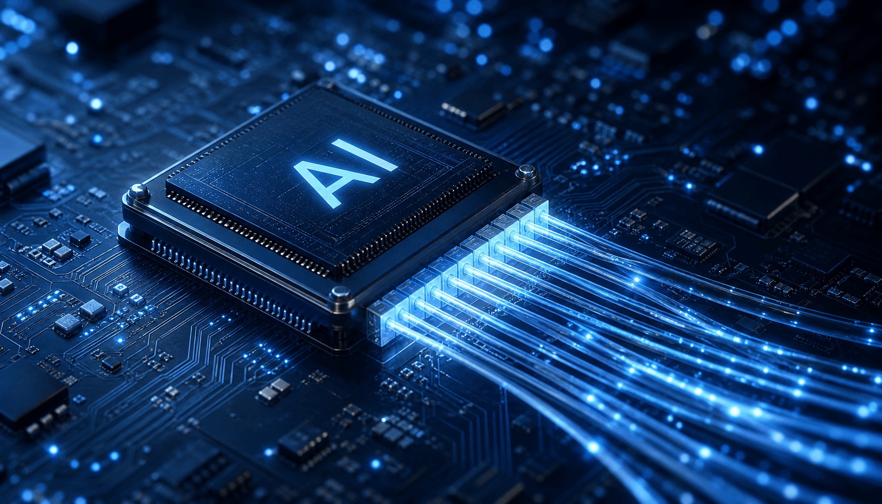 A close-up of a high-tech AI chip with glowing optical fibers connected to it, dark blue circuit boa