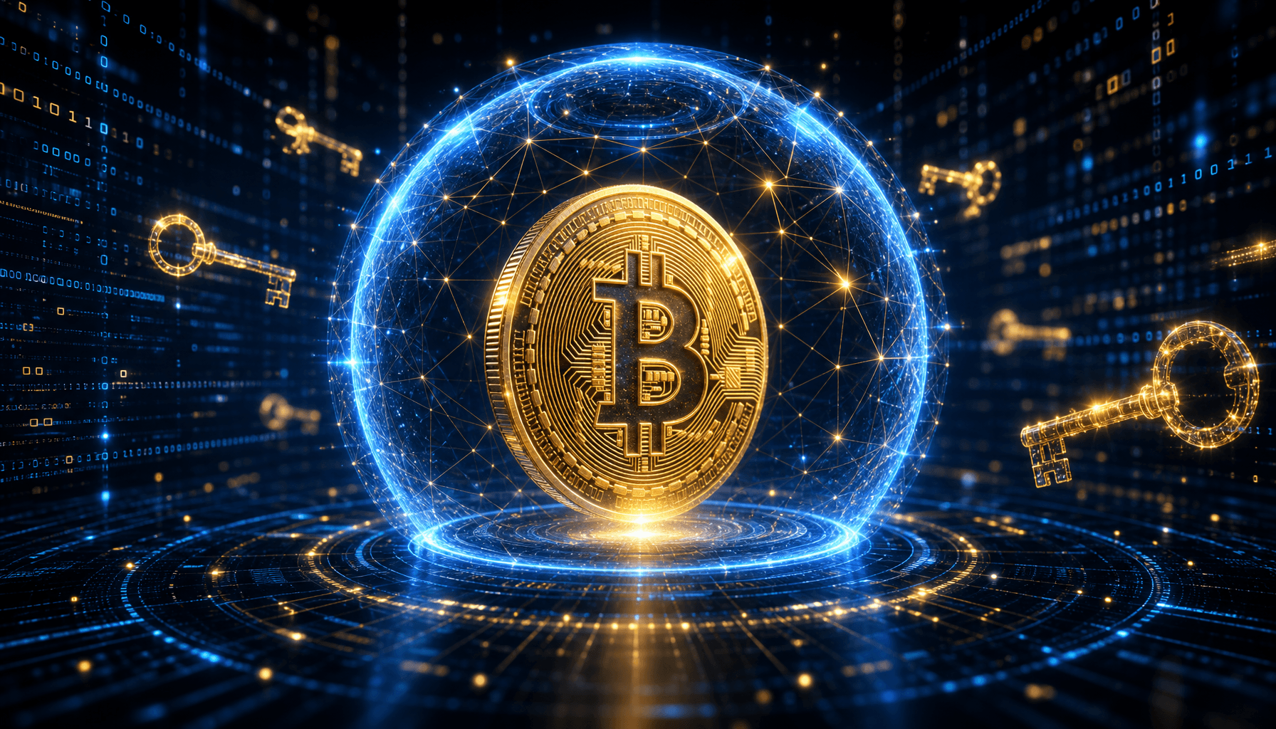 A futuristic digital representation of a Bitcoin coin being protected by a glowing quantum field, li