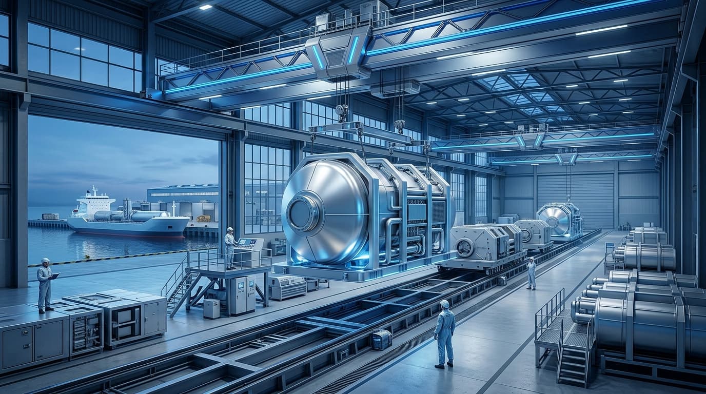 A modern, large-scale industrial shipyard facility with modular nuclear reactor parts being assemble