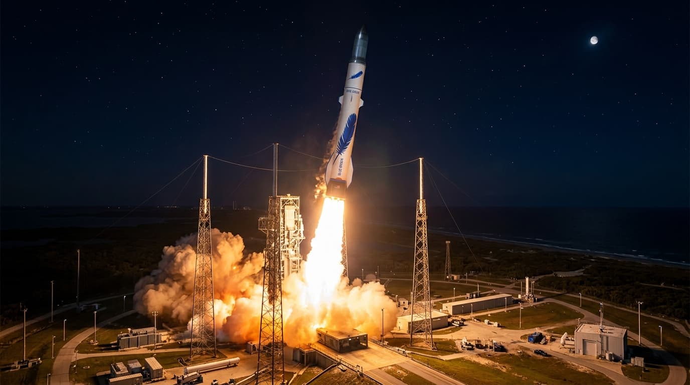 A high-tech, cinematic depiction of a massive Blue Origin New Glenn rocket during a nighttime launch