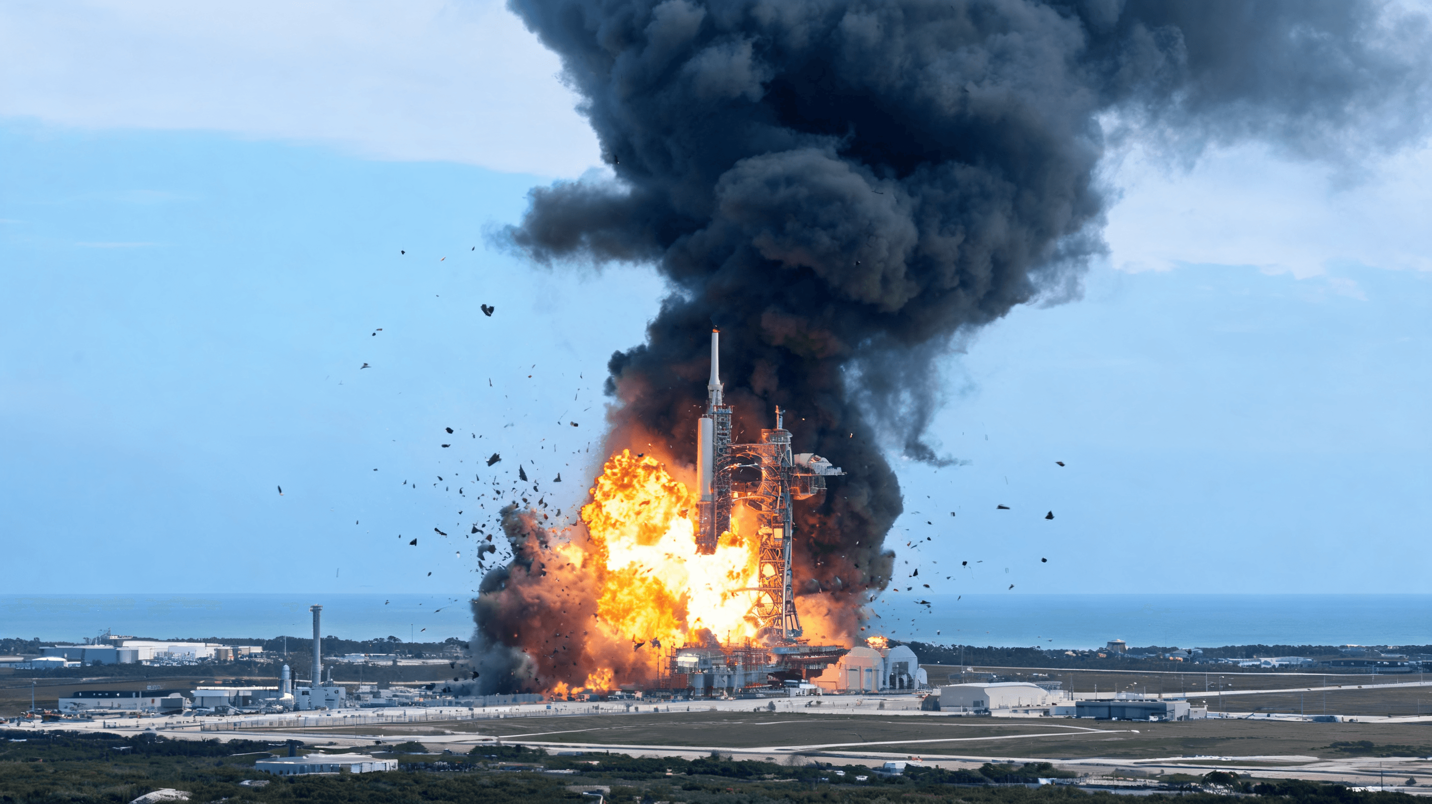 A massive, fiery explosion occurring on a launch pad at a spaceport in Florida, with debris flying i