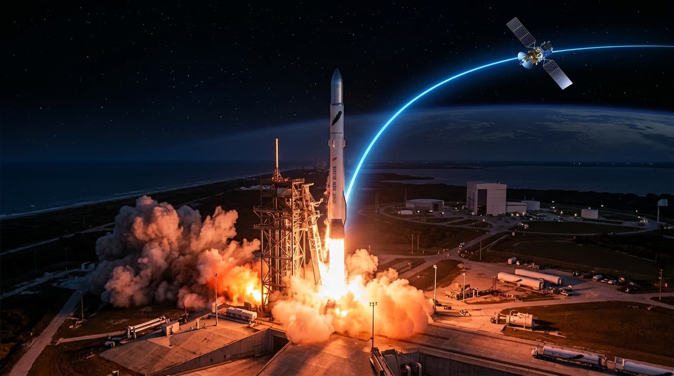 A dramatic photograph of the Blue Origin New Glenn rocket lifting off from a launch pad, with flames