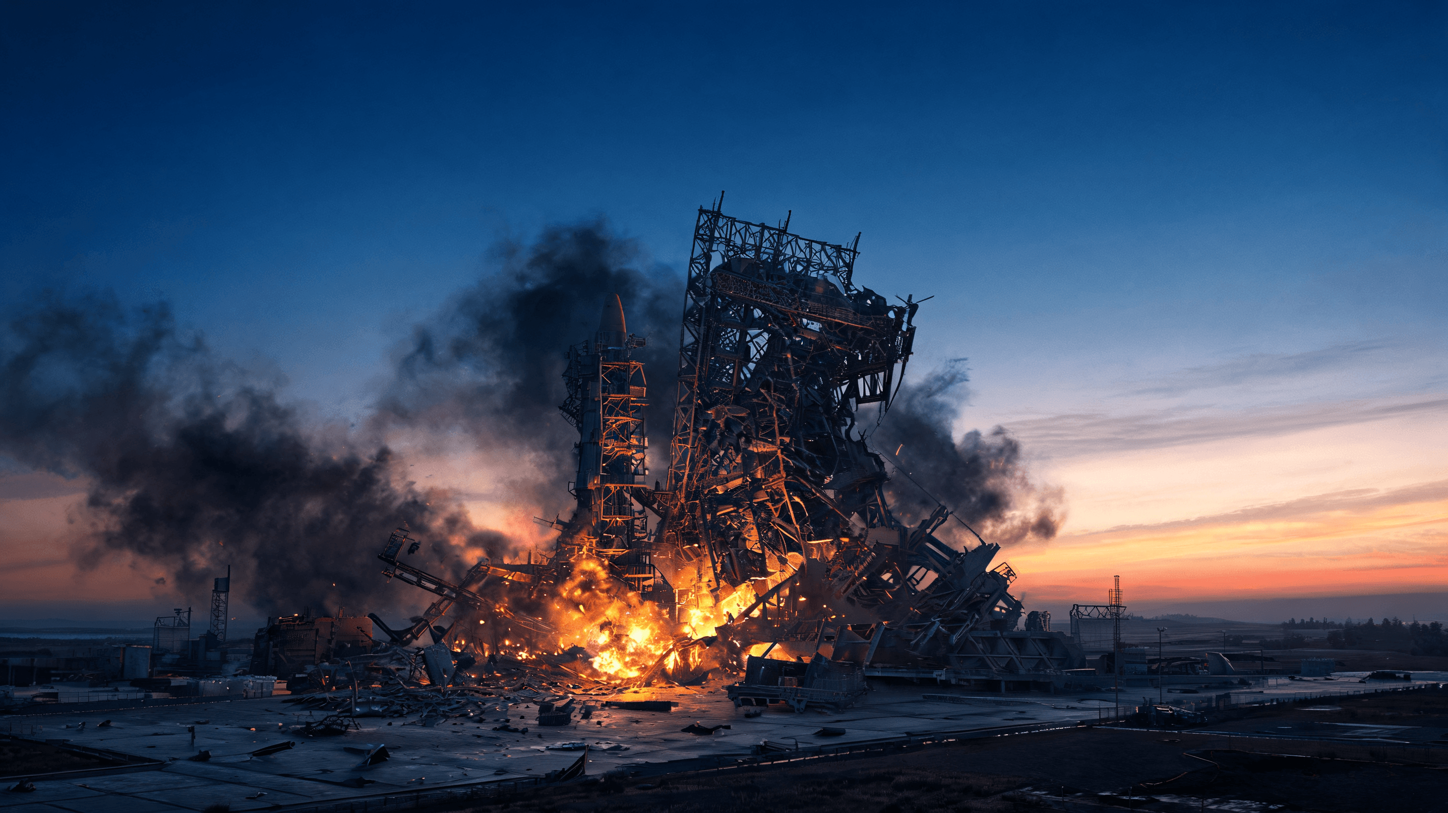 A dramatic, high-contrast shot of a rocket launch pad at dusk with visible smoke and debris lingerin