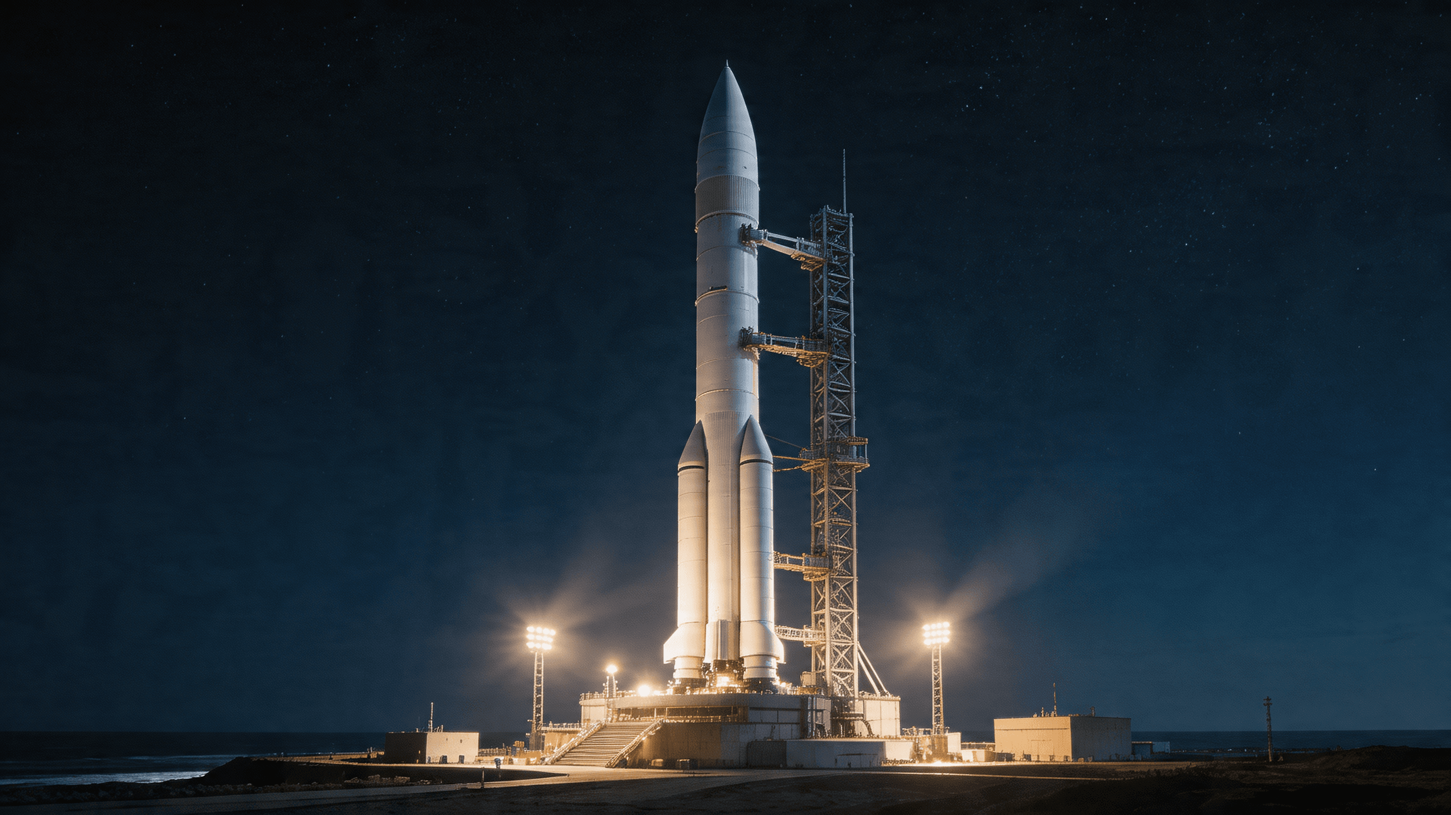 A New Glenn rocket on the launch pad at night, with dramatic lighting, focusing on the scale and amb