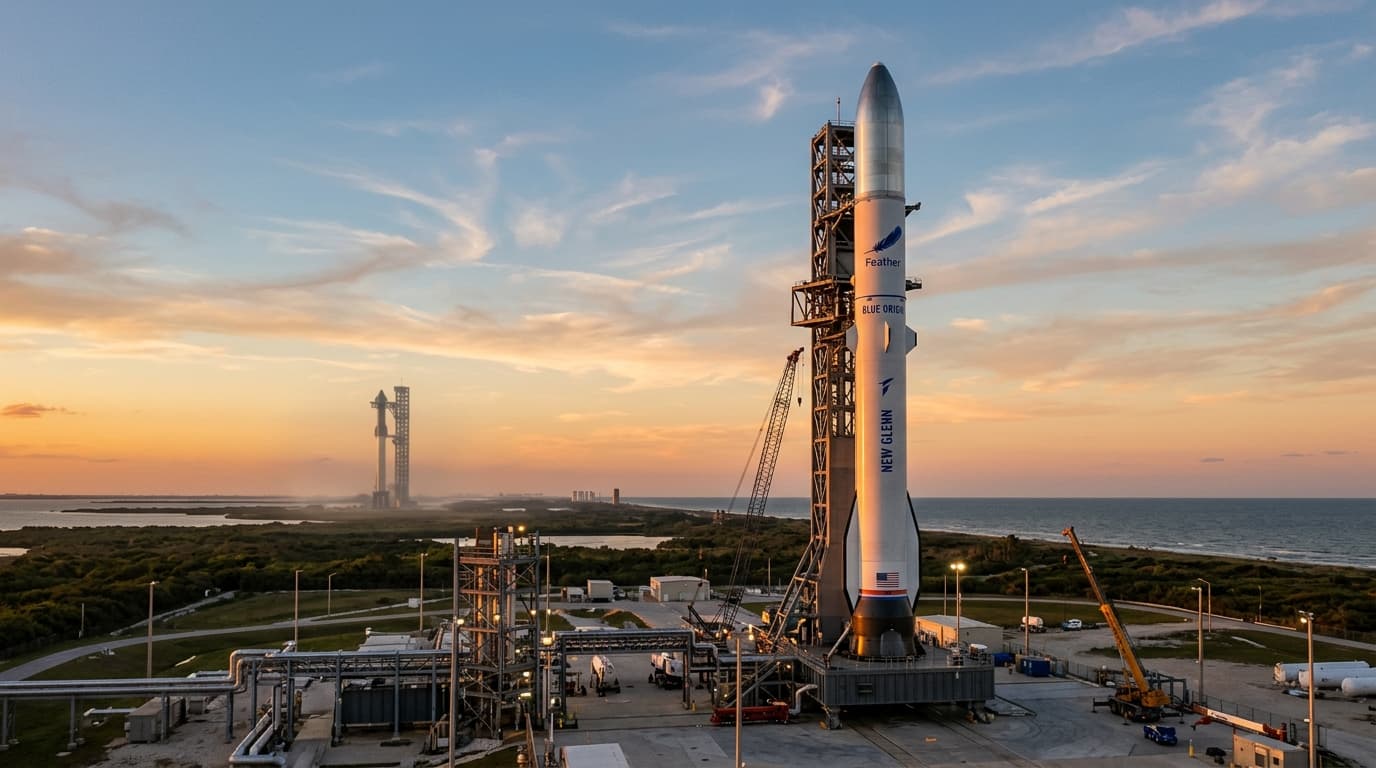 A powerful image of the massive Blue Origin New Glenn rocket standing tall on a launchpad, illuminat