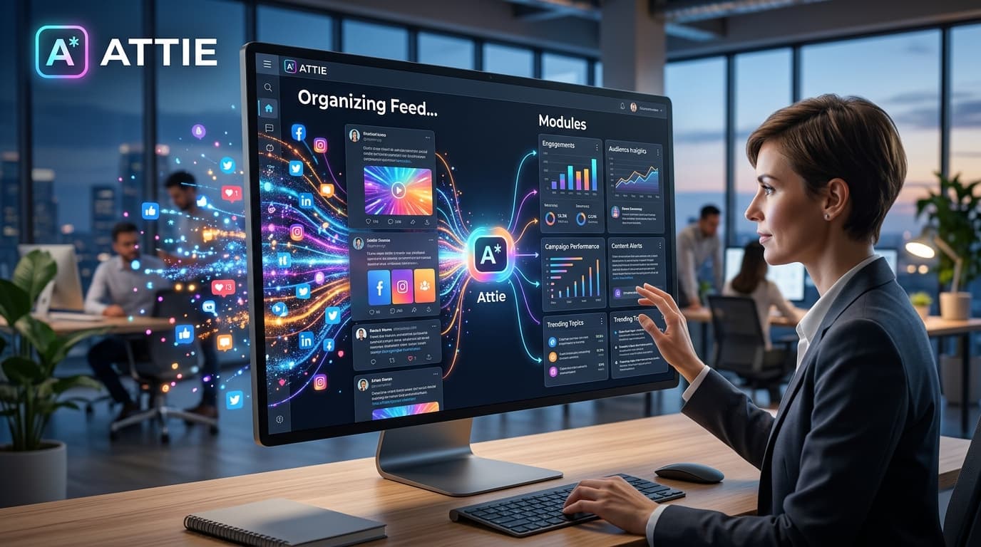 A clean, modern digital interface showcasing an AI assistant interface named Attie, with colorful da