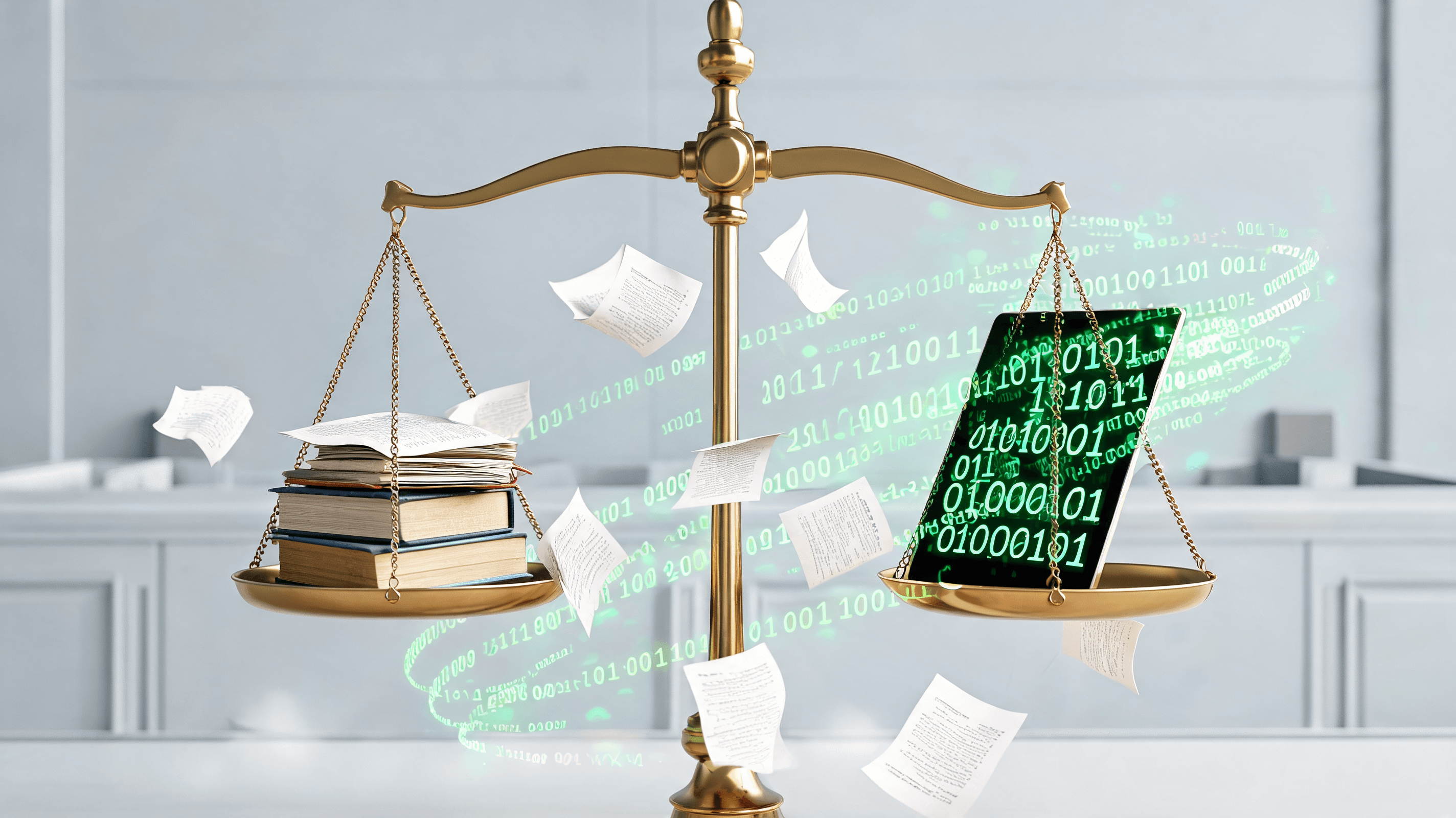 A courtroom scale representing the balance between digital AI training processes and traditional boo